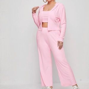 3 Piece - Solid Cami Top & Drawstring Hooded Jacket & Sweatpants